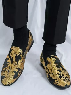 Chaussures de bal pour hommes bout rond en satin brodé à enfiler