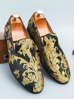 Chaussures de bal pour hommes bout rond en satin brodé à enfiler