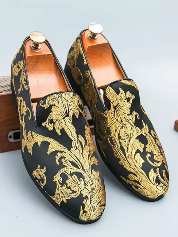 Chaussures de bal pour hommes bout rond en satin brodé à enfiler