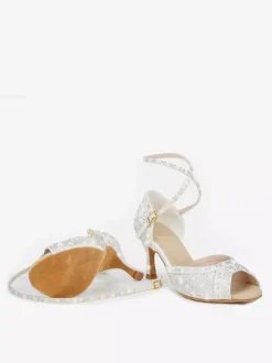 Chaussures de danse de salon pour femmes en satin orné de strass à bout ouvert et talons hauts pour danse latine