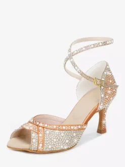 Chaussures de danse de salon pour femmes en satin orné de strass à bout ouvert et talons hauts pour danse latine