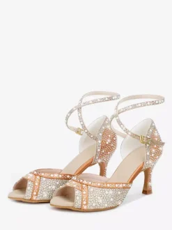 Chaussures de danse de salon pour femmes en satin orné de strass à bout ouvert et talons hauts pour danse latine