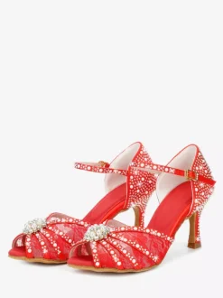 Chaussures de danse latine en satin à bout ouvert ornées de perles et d'une boucle. Chaussures de bal.