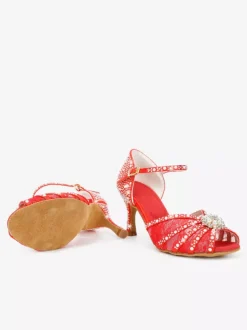 Chaussures de danse latine en satin à bout ouvert ornées de perles et d'une boucle. Chaussures de bal.