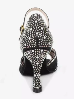 Chaussures de danse latine en satin à bout ouvert ornées de perles et d'une boucle. Chaussures de bal.