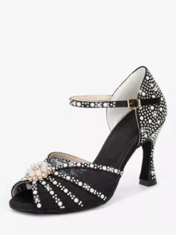 Chaussures de danse latine en satin à bout ouvert ornées de perles et d'une boucle. Chaussures de bal.