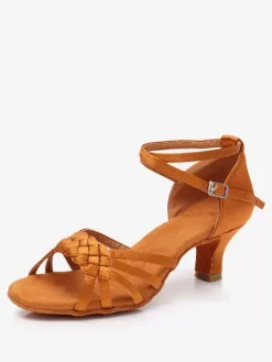 Chaussures De Danse Latine De Salon À Bride À Bout Rond En Satin Abricot Clair
