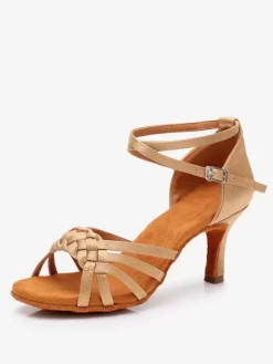 Chaussures De Danse Latine De Salon À Bride À Bout Rond En Satin Abricot Clair