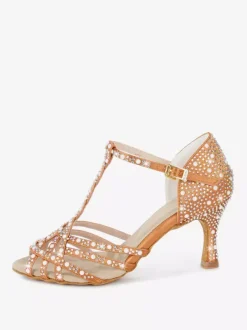 Chaussures de danse latine pour femmes bout ouvert strass bride en T talons hauts chaussures de danse de salon