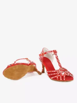 Chaussures de danse latine pour femmes bout ouvert strass bride en T talons hauts chaussures de danse de salon