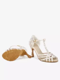 Chaussures de danse latine pour femmes bout ouvert strass bride en T talons hauts chaussures de danse de salon