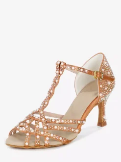 Chaussures de danse latine pour femmes bout ouvert strass bride en T talons hauts chaussures de danse de salon