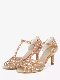 Chaussures de danse latine pour femmes bout ouvert strass bride en T talons hauts chaussures de danse de salon