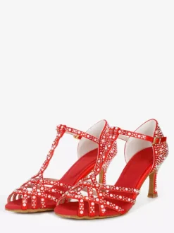 Chaussures de danse latine pour femmes bout ouvert strass bride en T talons hauts chaussures de danse de salon