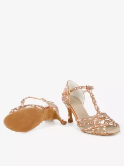 Chaussures de danse latine pour femmes bout ouvert strass bride en T talons hauts chaussures de danse de salon