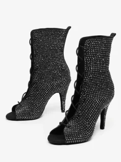 Chaussures de danse latine en cuir PU noir à bout ouvert et strass