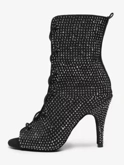 Chaussures de danse latine en cuir PU noir à bout ouvert et strass