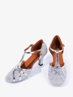 Chaussures de danse pour femmes chaussures à bout pointu et talon moyen métallisées et brillantes dorées