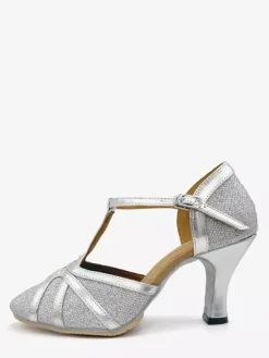 Chaussures de danse pour femmes chaussures à bout pointu et talon moyen métallisées et brillantes dorées