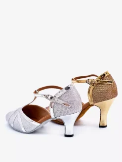 Chaussures de danse pour femmes chaussures à bout pointu et talon moyen métallisées et brillantes dorées