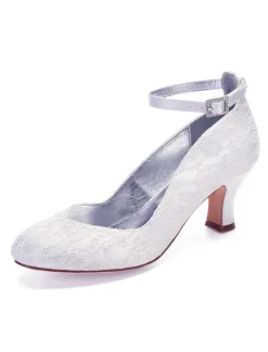 Chaussures de Mariage 2026 Blanc Detelle Bout Rond Sangle de Cheville Chaussures de Mariée