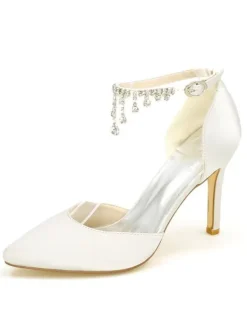 Chaussures de mariage à talons en satin unicolore avec strass ruban aux chevilles