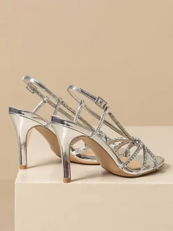 Chaussures De Mariage Argentées Femmes Bal À Bout Rond Bride Avec Strass Talons Hauts