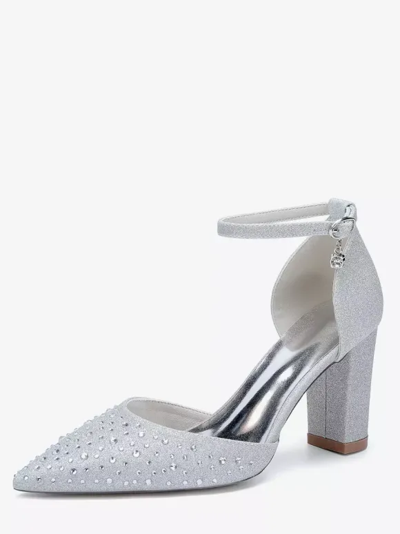 Chaussures de mariage blanches en satin et strass escarpins à bout pointu et talon épais