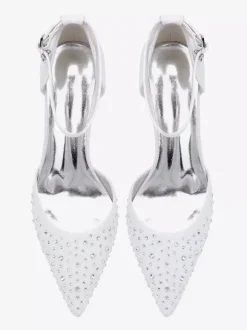 Chaussures de mariage blanches en satin et strass escarpins à bout pointu et talon épais