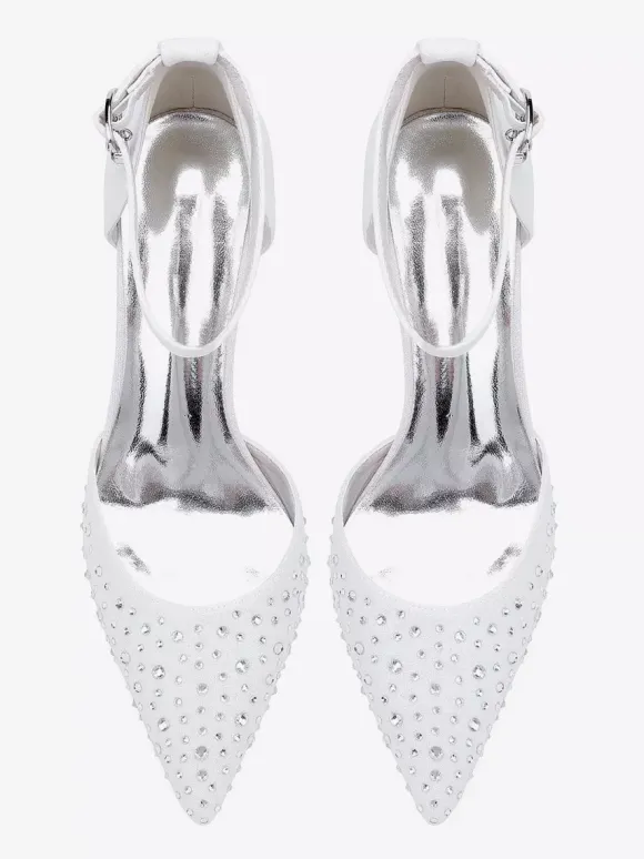 Chaussures de mariage blanches en satin et strass escarpins à bout pointu et talon épais