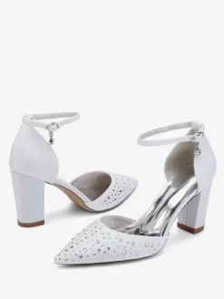 Chaussures de mariage blanches en satin et strass escarpins à bout pointu et talon épais