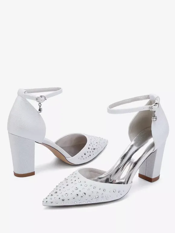 Chaussures de mariage blanches en satin et strass escarpins à bout pointu et talon épais