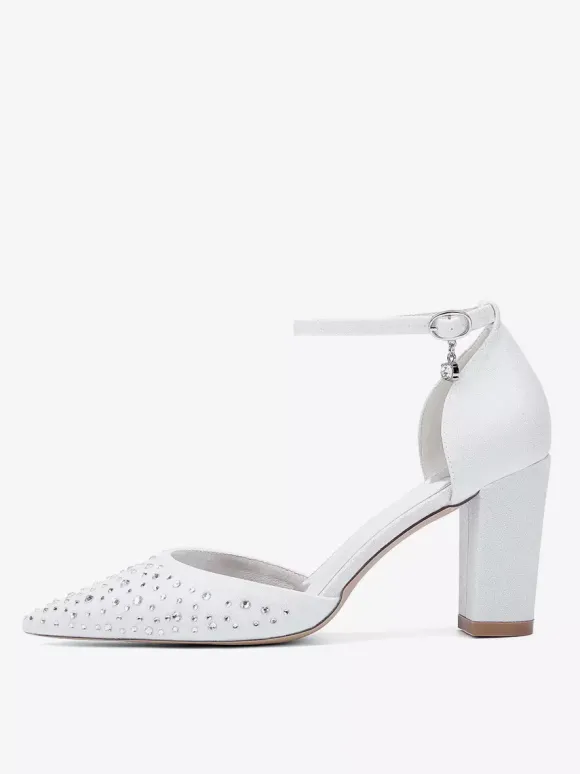 Chaussures de mariage blanches en satin et strass escarpins à bout pointu et talon épais