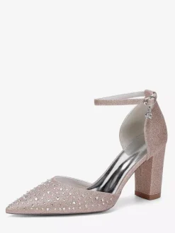 Chaussures de mariage blanches en satin et strass escarpins à bout pointu et talon épais