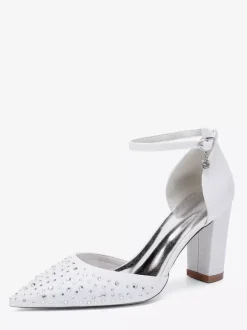 Chaussures de mariage blanches en satin et strass escarpins à bout pointu et talon épais