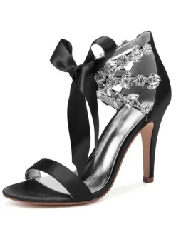 Chaussures de mariage en satin rouge strass bout ouvert lacets chaussures de mariée sandales à talons hauts