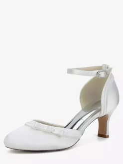 Chaussures de mariage en satin à talon chaton et bout rond avec n艙ud