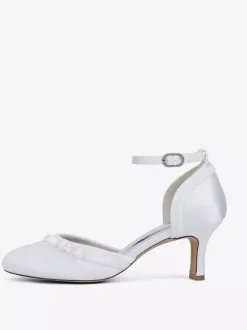 Chaussures de mariage en satin à talon chaton et bout rond avec n艙ud