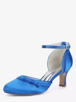 Chaussures de mariage en satin à talon chaton et bout rond avec n艙ud