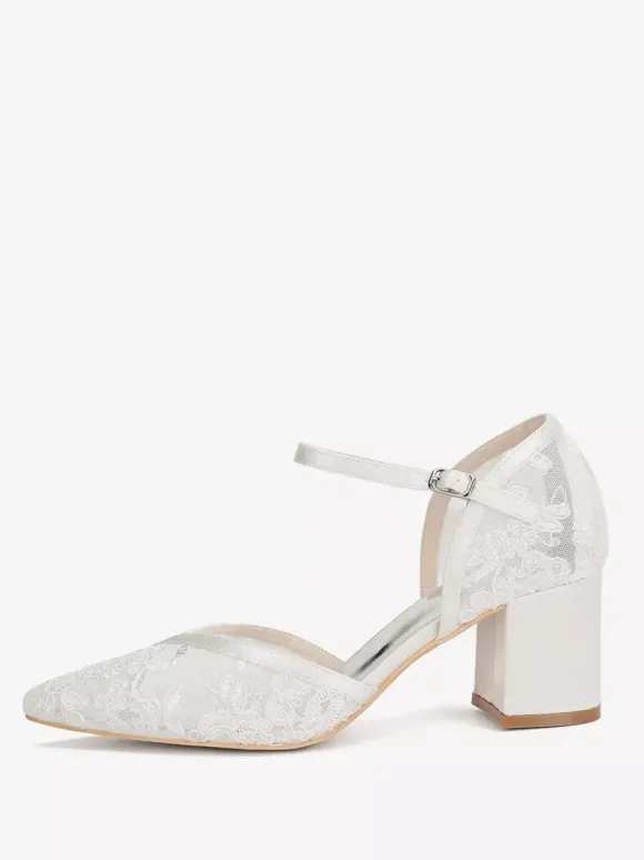 Chaussures de mariage en dentelle à bout pointu et talon épais pour invités de mariage