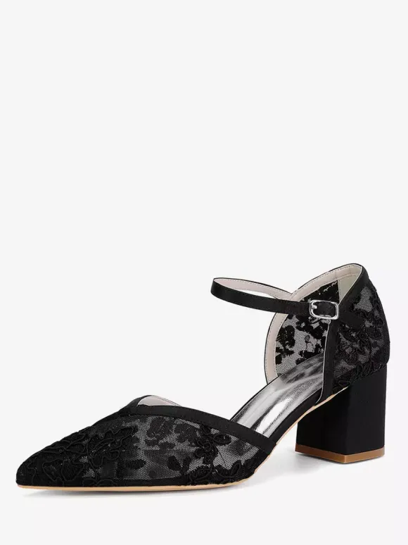 Chaussures de mariage en dentelle à bout pointu et talon épais pour invités de mariage