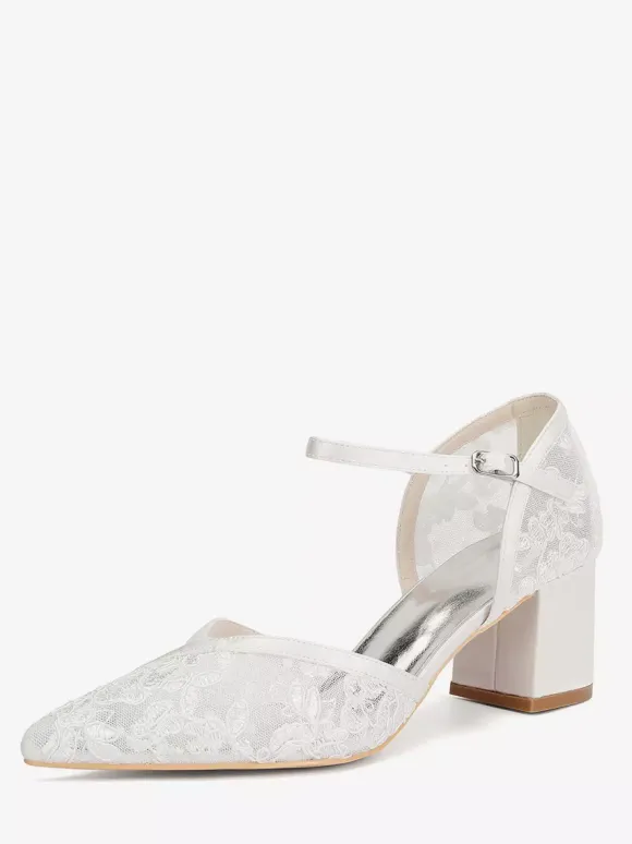 Chaussures de mariage en dentelle à bout pointu et talon épais pour invités de mariage