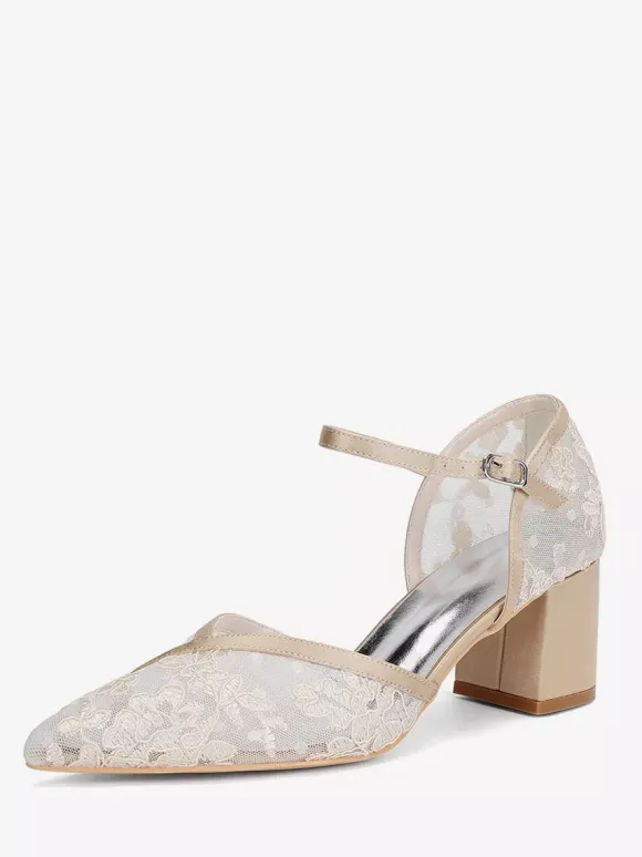 Chaussures de mariage en dentelle à bout pointu et talon épais pour invités de mariage