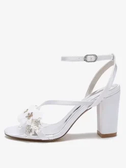 Chaussures De Mariage En Satin Bride Blanc Fleurs En Métal Sandales De Mariée À Bout Ouvert