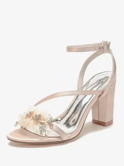 Chaussures De Mariage En Satin Bride Blanc Fleurs En Métal Sandales De Mariée À Bout Ouvert