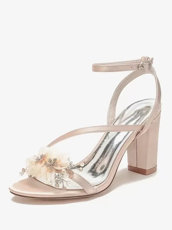 Chaussures De Mariage En Satin Bride Blanc Fleurs En Métal Sandales De Mariée À Bout Ouvert
