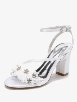 Chaussures De Mariage En Satin Bride Blanc Fleurs En Métal Sandales De Mariée À Bout Ouvert