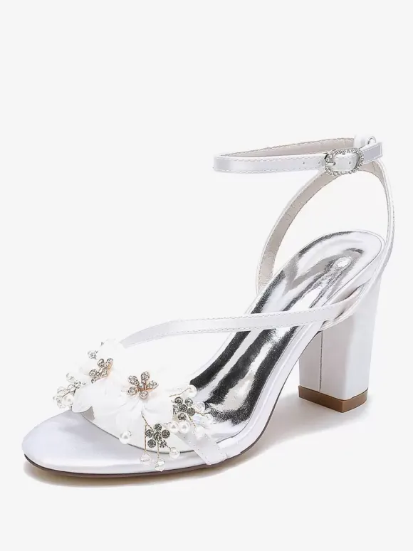 Chaussures De Mariage En Satin Bride Blanc Fleurs En Métal Sandales De Mariée À Bout Ouvert