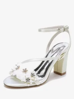 Chaussures De Mariage En Satin Bride Blanc Fleurs En Métal Sandales De Mariée À Bout Ouvert
