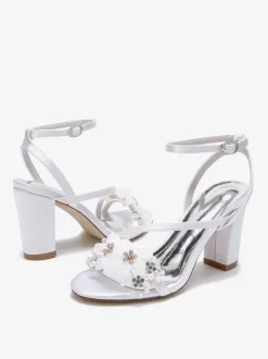 Chaussures De Mariage En Satin Bride Blanc Fleurs En Métal Sandales De Mariée À Bout Ouvert